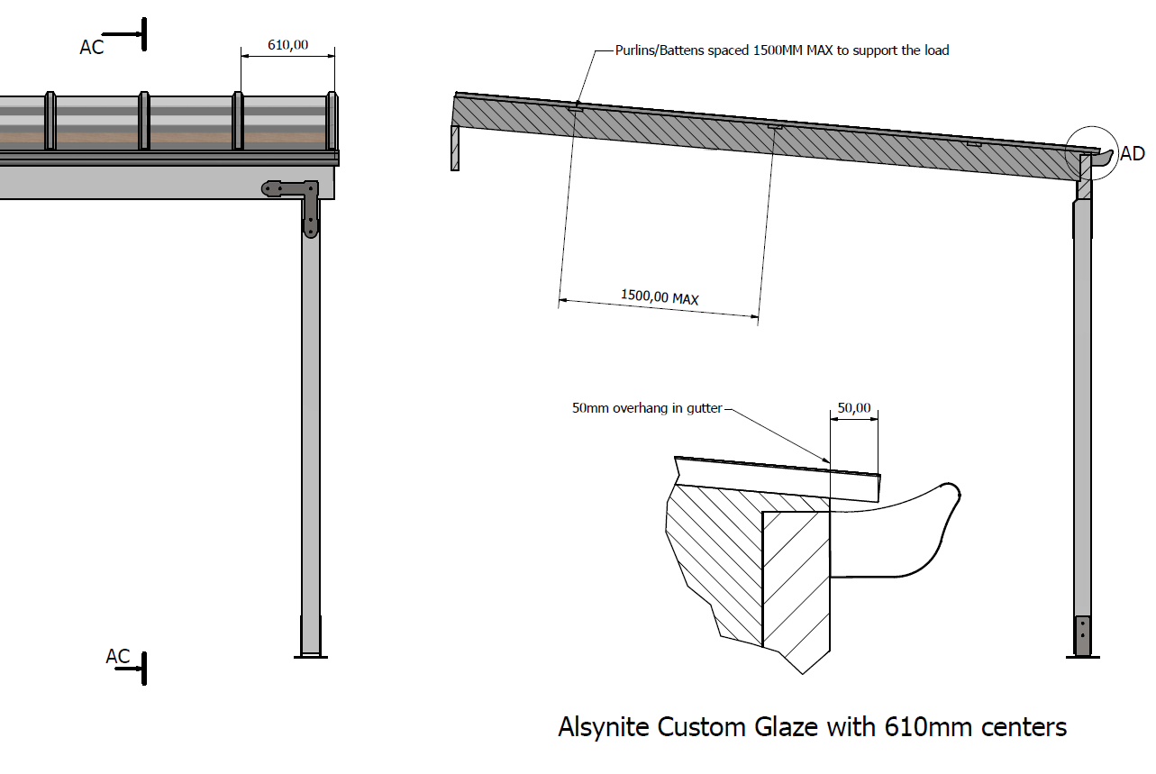 Custom Glaze rafter purlin gutter spacing diagram
