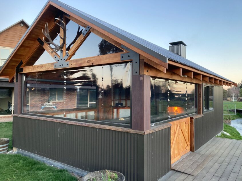 Outdoor patio with clear blinds