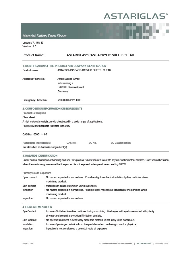 Astariglas icon material safety data sheet