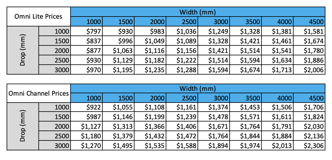 Omni Screen prices for patio blinds from Sunnyside